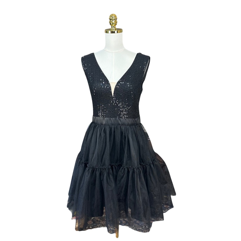 Womens Black Sequin Tulle Tiered Fit and Flare Party Dress Size L Sleeveless - Picture 3 of 8